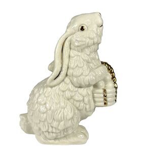 Ceramic White Bunny with Basket Gold Highlights Easter Rabbit and Basket Vintage